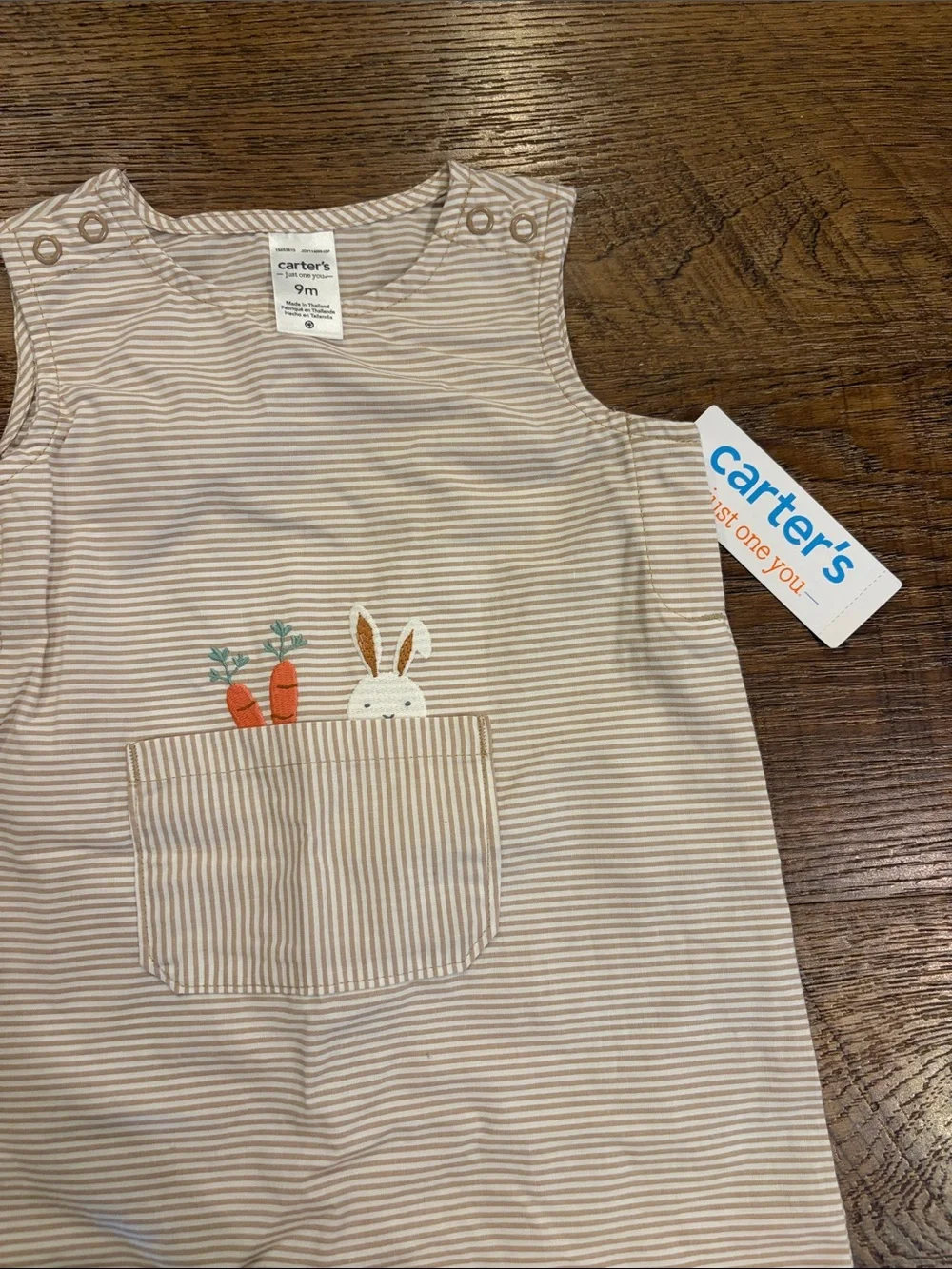 Carter's unisex brown and White Striped Bunny Pocket Romper size 9 M